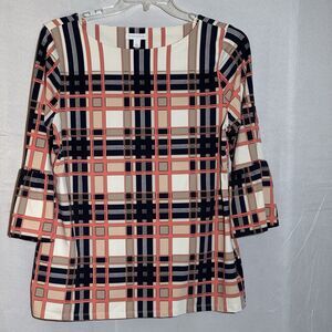 Charter Club L Plaid 3/4 Sleeve Knit Top Navy Coral Cream Career Office